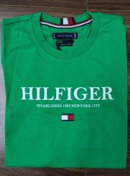 8735-TMY Yeşil Önü Baskılı Bisiklet Yaka T-Shirt
