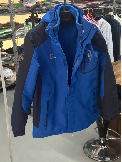 8740-Columbia Saks Mavisi Kollar Lacivert Şeritli İçi Polarlı Dar Kalıp Mont