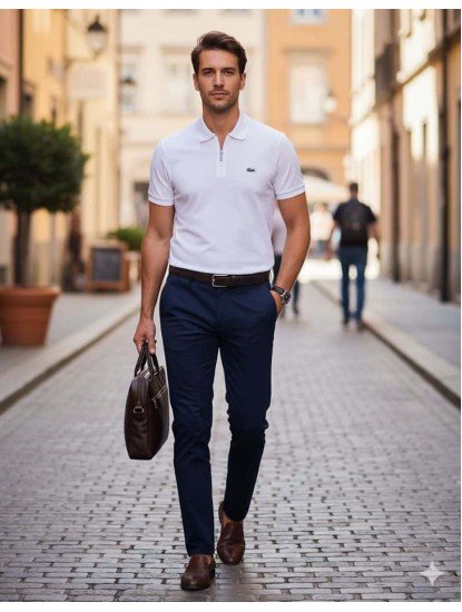 8781-LCST Beyaz Yarım Fermuarlı Pike Kumaş Polo Yaka T-Shirt