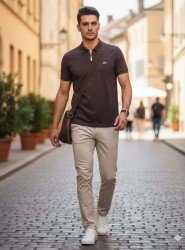 8783-LCST Kahverengi Yarım Fermuarlı Pike Kumaş Polo Yaka T-Shirt
