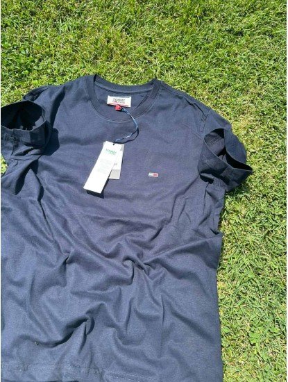8802- TMMY Lacivert Klasik Logo Fırçalı Kumaş Sıfır Yaka T-Shirt