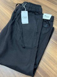 8827-BYMN SİYAH TONA TON LOGO KETEN PANTOLON