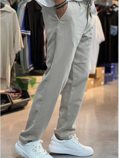 8828-BYMN VİZON TONA TON LOGO KETEN PANTOLON