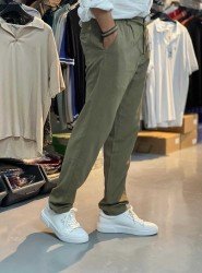 8829-BYMN HAKİ YEŞİL TONA TON LOGO KETEN PANTOLON