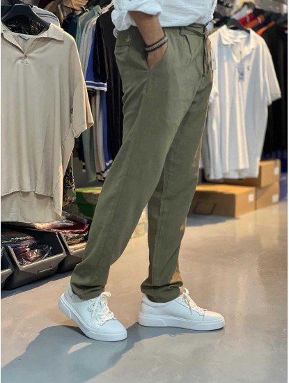 8829-BYMN HAKİ YEŞİL TONA TON LOGO KETEN PANTOLON
