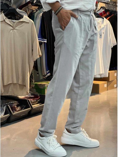 8830-BEYMEN TAŞ RENGİ TONA TON LOGO KETEN PANTOLON