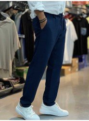 8831-BYMN LACİVERT TONA TON LOGO KETEN PANTOLON