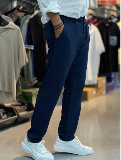 8831-BYMN LACİVERT TONA TON LOGO KETEN PANTOLON