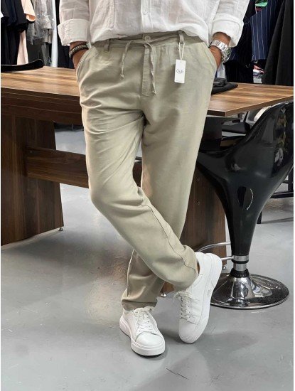 8833-BYMN AÇIK YEŞİL TONA TON LOGO KETEN PANTOLON