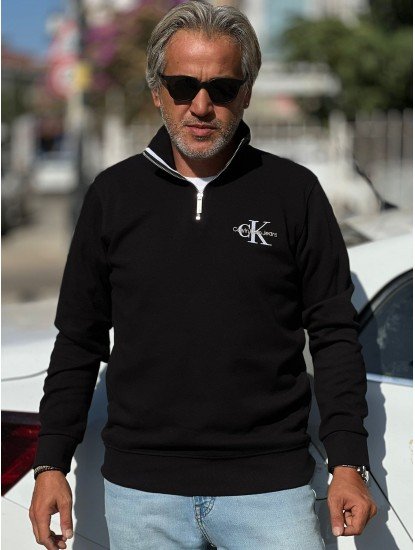 8840-CK Siyah Yarım Fermuarlı Calvin Klein Nakış Logolu Pike Kumaş Sweath