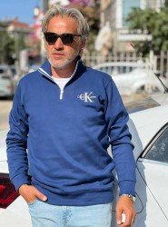 8841-CK İndigo Yarım Fermuarlı Calvin Klein Nakış Logolu Pike Kumaş Sweath