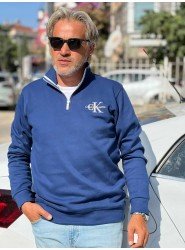 8841-CK İndigo Yarım Fermuarlı Calvin Klein Nakış Logolu Pike Kumaş Sweath