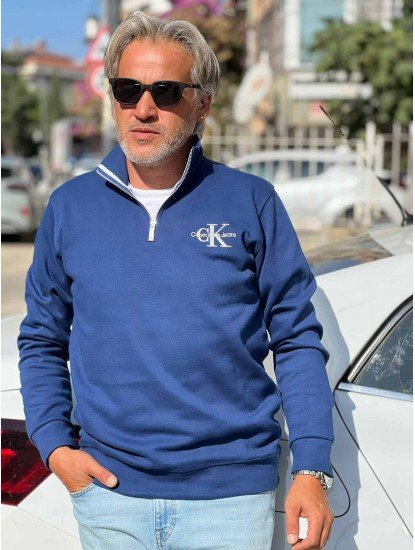 8841-CK İndigo Yarım Fermuarlı Calvin Klein Nakış Logolu Pike Kumaş Sweath