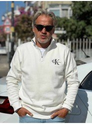 8842-CK Ekru Yarım Fermuarlı Calvin Klein Nakış Logolu Pike Kumaş Sweath