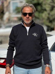 8843-CK Lacivert Yarım Fermuarlı Calvin Klein Nakış Logolu Pike Kumaş Sweath