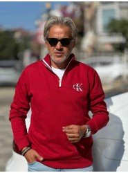 8844-CK Kırmızı Yarım Fermuarlı Calvin Klein Nakış Logolu Pike Kumaş Sweath
