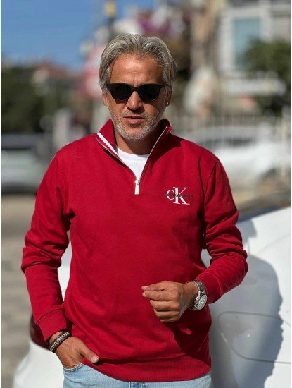 8844-CK Kırmızı Yarım Fermuarlı Calvin Klein Nakış Logolu Pike Kumaş Sweath