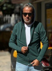 8865-GNT Yeşil Minik Nakışlı  Sweat Fermuarlı Kapşonlu