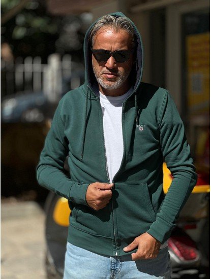 8865-GNT Yeşil Minik Nakışlı  Sweat Fermuarlı Kapşonlu