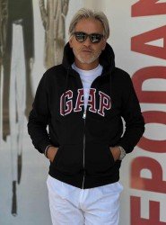 8870- Gap Siyah Tam Fermuarlı Kapşonlu Aplike Logo Sweath 