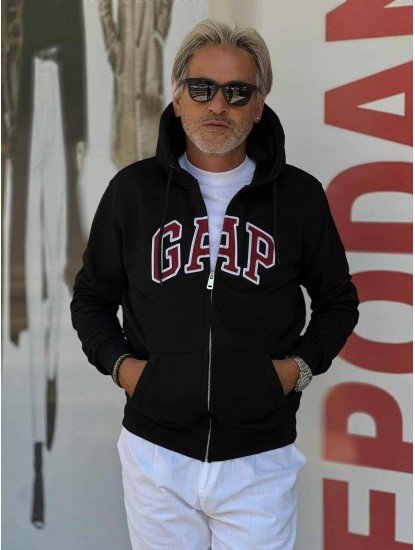 8870- Gap Siyah Tam Fermuarlı Kapşonlu Aplike Logo Sweath