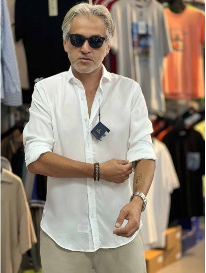 8884- Briva Beyaz Slim Fit Tensel Kumaş Gömlek