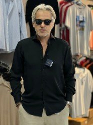 8885- Briva Siyah Slim Fit Tensel Kumaş Gömlek