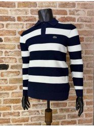 8888- LCST Lacivert Beyaz Çizgili Polo Yaka Yakası Lacivert Düğmeli Slim Fit  Triko