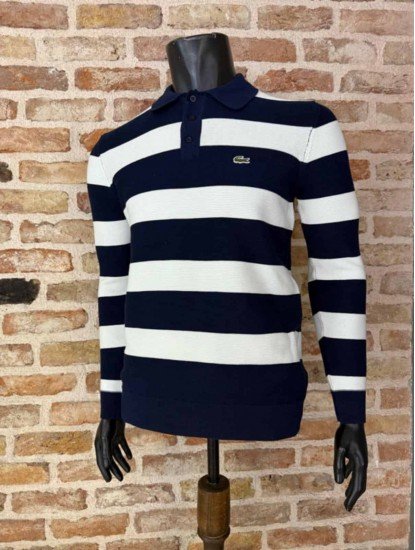 8888- LCST Lacivert Beyaz Çizgili Polo Yaka Yakası Lacivert Düğmeli Slim Fit  Triko