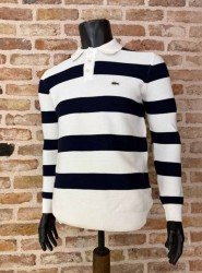 8889- LCST Beyaz Lacivert Çizgili Polo Yaka  Düğmeli Slim Fit  Triko