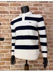 8889- LCST Beyaz Lacivert Çizgili Polo Yaka  Düğmeli Slim Fit  Triko