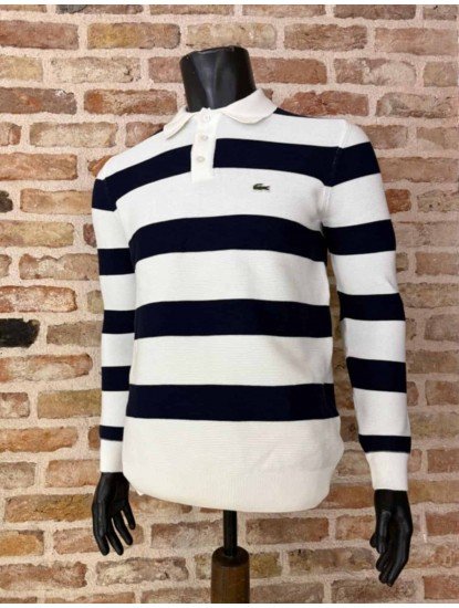 8889- LCST Beyaz Lacivert Çizgili Polo Yaka  Düğmeli Slim Fit  Triko