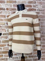 8890- LCST Gamel Krem Çizgili Polo Yaka  Düğmeli Slim Fit  Triko
