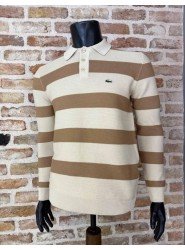 8890- LCST Gamel Krem Çizgili Polo Yaka  Düğmeli Slim Fit  Triko