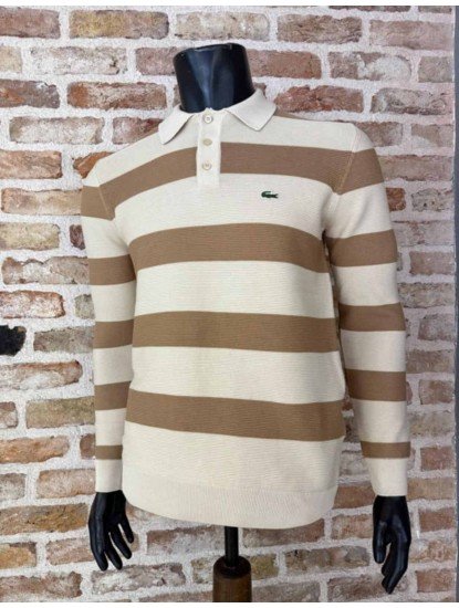 8890- LCST Gamel Krem Çizgili Polo Yaka  Düğmeli Slim Fit  Triko