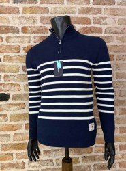 8894- GNT Lacivert İnce Çizgili Yarım Fermuarlı Dik Yaka Slim Fit  Triko