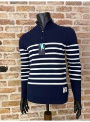 8894- GNT Lacivert İnce Çizgili Yarım Fermuarlı Dik Yaka Slim Fit  Triko