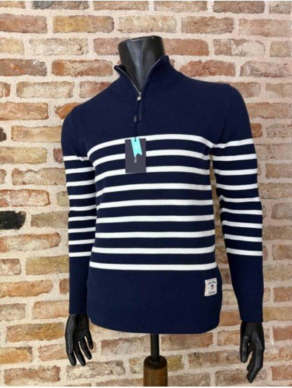 8894- GNT Lacivert İnce Çizgili Yarım Fermuarlı Dik Yaka Slim Fit  Triko