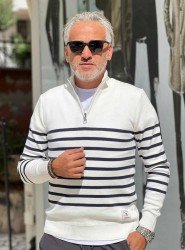 8895- GNT Ekru İnce Çizgili Yarım Fermuarlı Dik Yaka Slim Fit  Triko