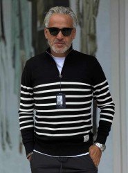 8896- GNT Siyah İnce Çizgili Yarım Fermuarlı Dik Yaka Slim Fit  Triko
