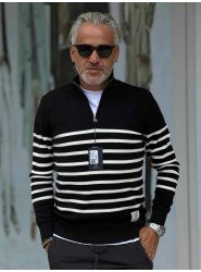 8896- GNT Siyah İnce Çizgili Yarım Fermuarlı Dik Yaka Slim Fit  Triko
