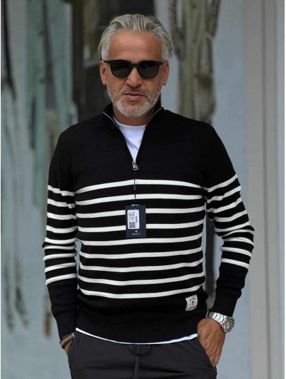 8896- GNT Siyah İnce Çizgili Yarım Fermuarlı Dik Yaka Slim Fit  Triko