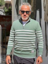 8897- GNT Yeşil İnce Çizgili Yarım Fermuarlı Dik Yaka Slim Fit  Triko