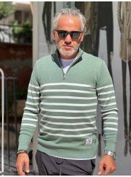 8897- GNT Yeşil İnce Çizgili Yarım Fermuarlı Dik Yaka Slim Fit  Triko