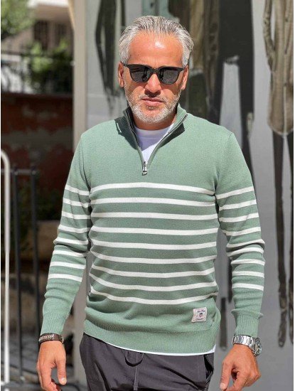 8897- GNT Yeşil İnce Çizgili Yarım Fermuarlı Dik Yaka Slim Fit  Triko