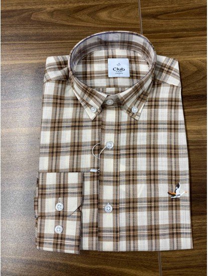 8900-BYMN Comfort Fit Krem-Kahverengi Kareli Pamuk Gömlek