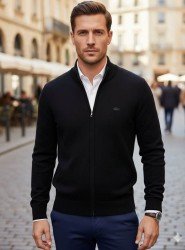 8910-LCST Siyah Tam Fermuarlı Slim Fit Triko Hırka