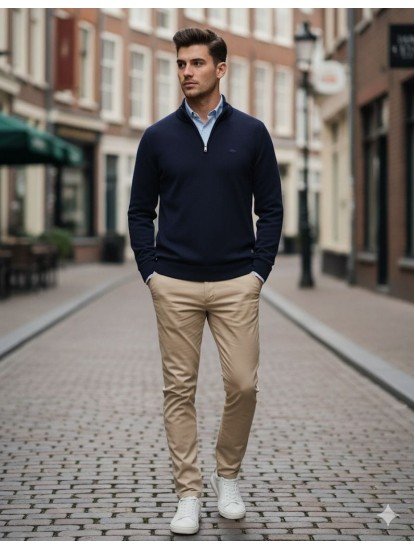 8913-LCST Lacivert Yarım Fermuarlı Dik Yaka Slim Fit Triko