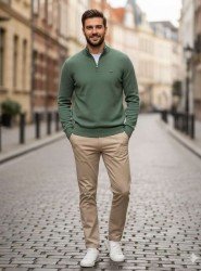 8914-LCS Yeşil Yarım Fermuarlı Dik Yaka Slim Fit Triko