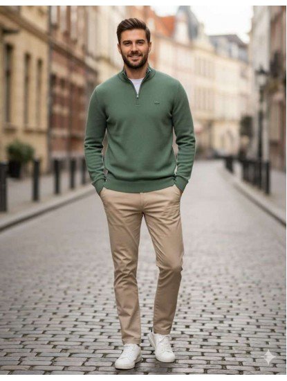 8914-LCS Yeşil Yarım Fermuarlı Dik Yaka Slim Fit Triko